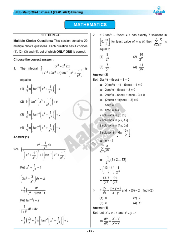 JEE Main 2024 Mathematics Exam Paper | PDF | Mathematical Analysis ...