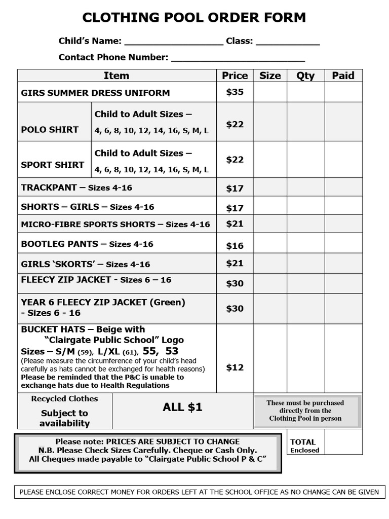 Clairgate School Clothing Order Form | PDF