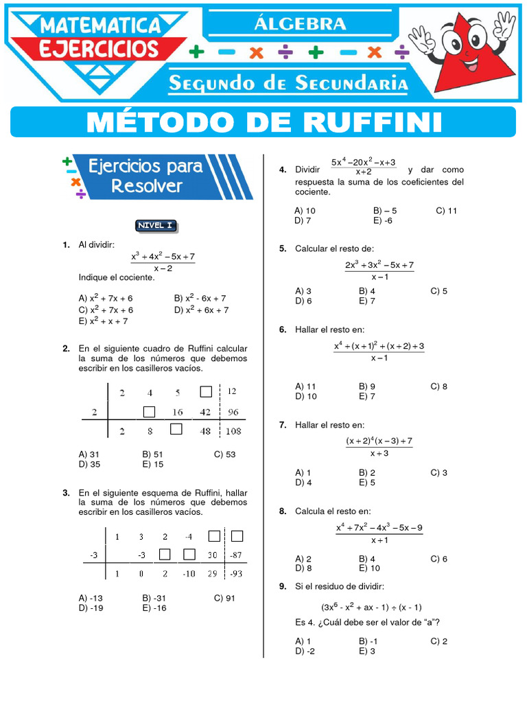 Ejercicios del Método de Ruffini | PDF | División (Matemáticas ...