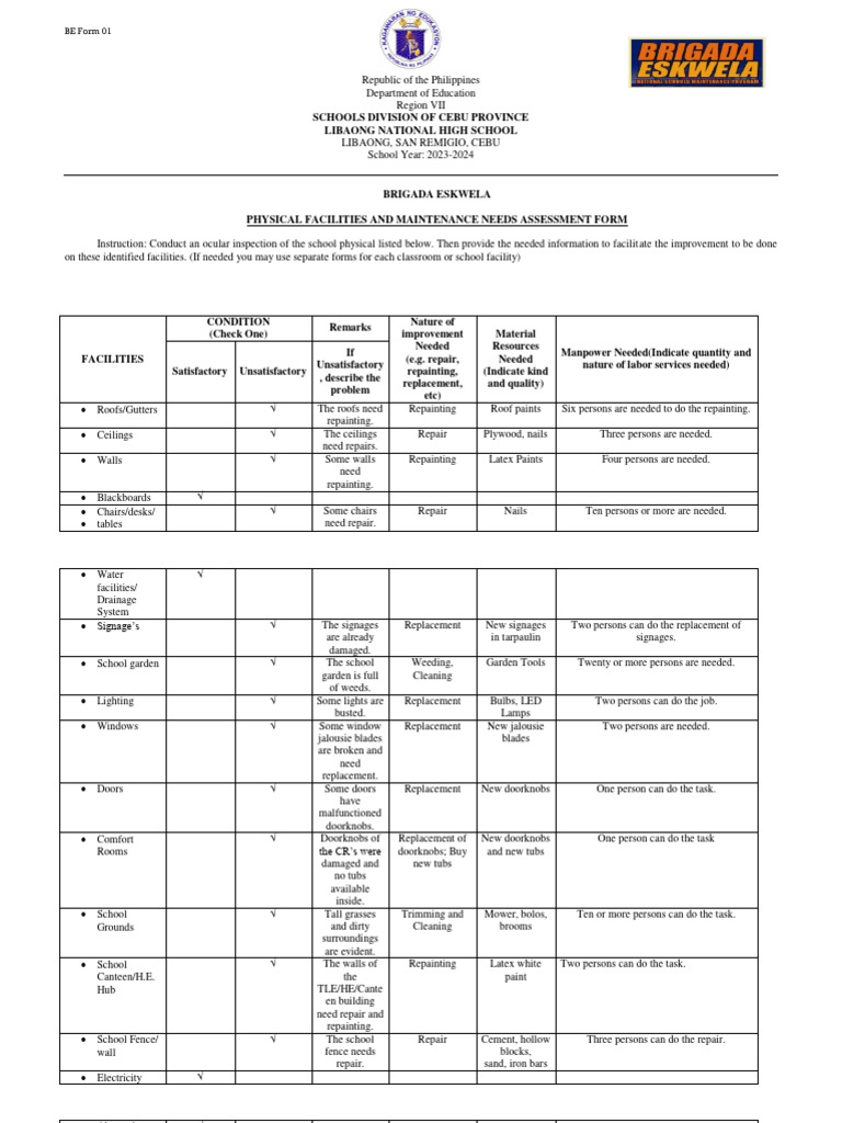Brigada Eskwela Facilities Assessment Form | PDF