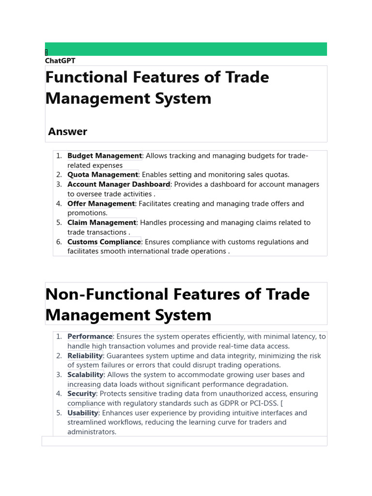 Non-Functional Features of Trade Management System | PDF | Risk ...