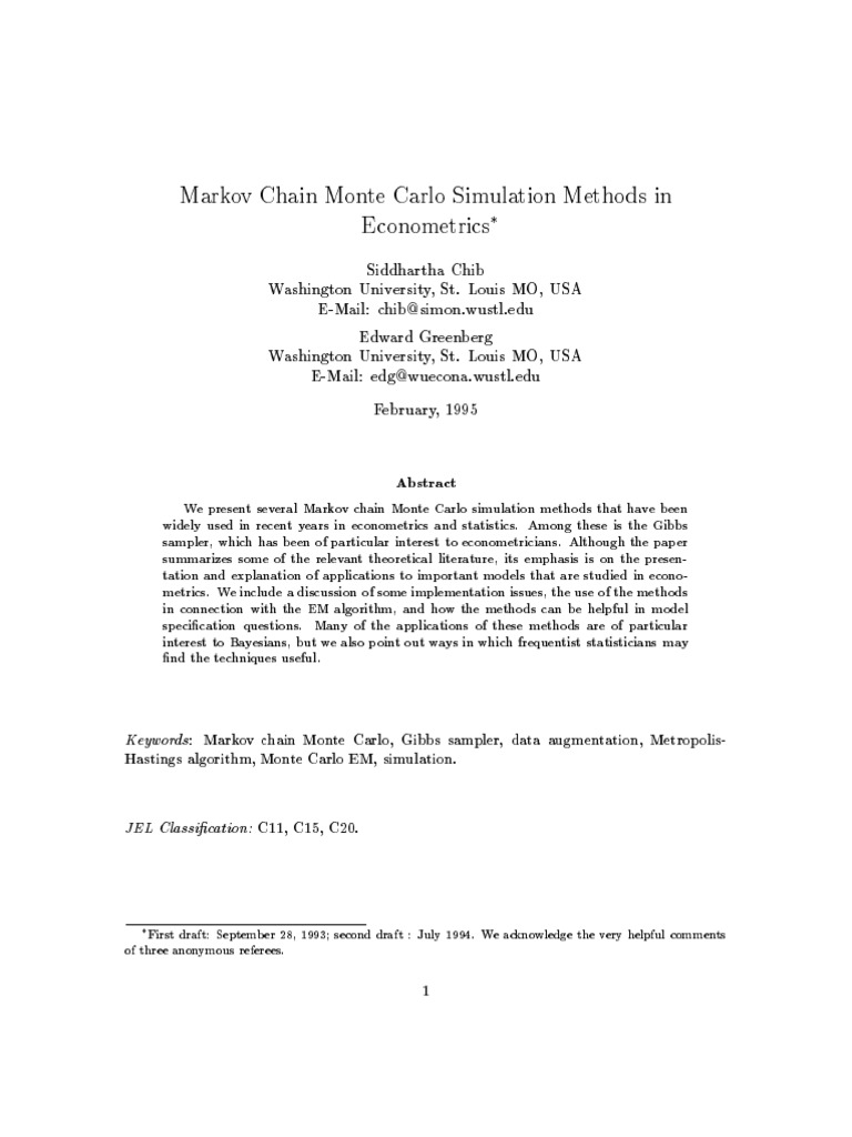 Markov Chain Monte Carlo Simulation Methods in Eco No Metrics | PDF ...