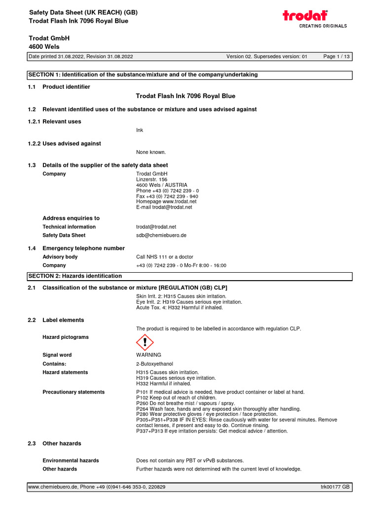 Trodat Flash Ink 7096 Safety Data Sheet | PDF | Dangerous Goods ...