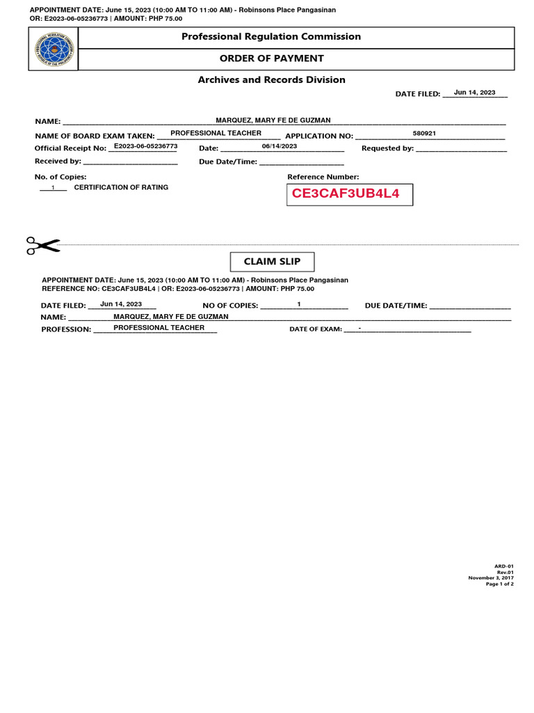 Payment Order for Professional Exam | PDF