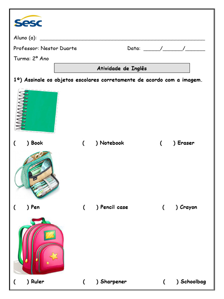 Atividade De Inglês Do 2º Ano School Objects And Colors Pdf