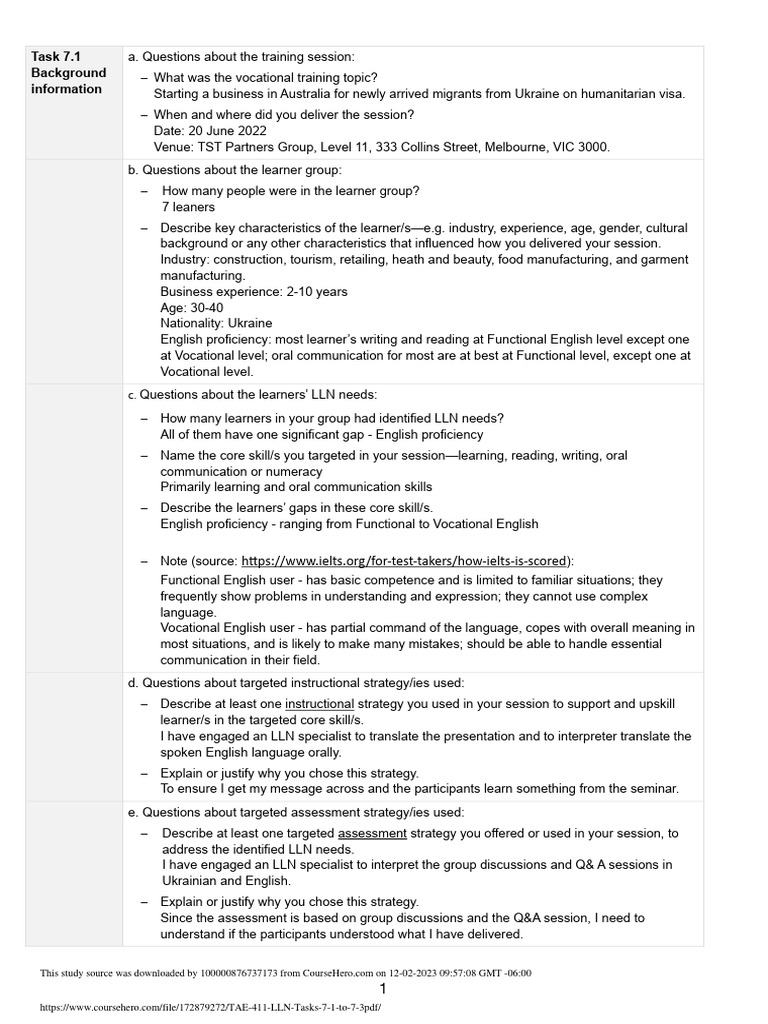 TAE 411 LLN Tasks 7 1 To 7 3 PDF | PDF | Learning | Communication