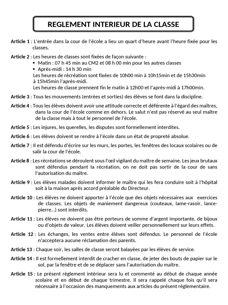 Règlement Intérieur de la Classe CM2 | PDF