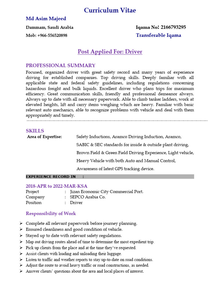 Asim Majeed: Experienced Driver CV | PDF | Car | Road