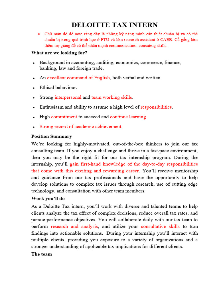 DELOITTE TAX INTERN PDF Internship Job Hunting