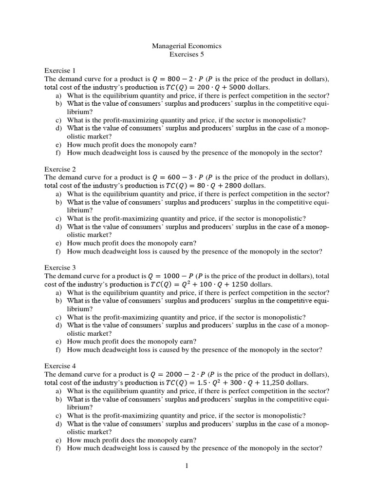 Managerial Economics Exercises Pdf Monopoly Economic Surplus