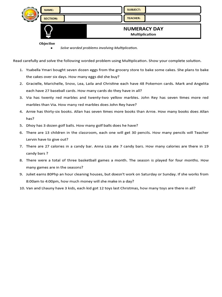 Word Problems on Multiplication | PDF