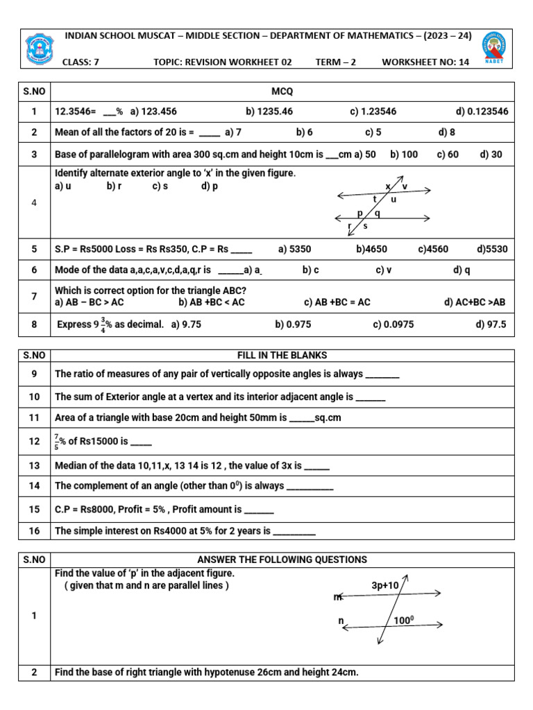 Class 7 Maths Revision Worksheet 02 | PDF | Triangle | Angle