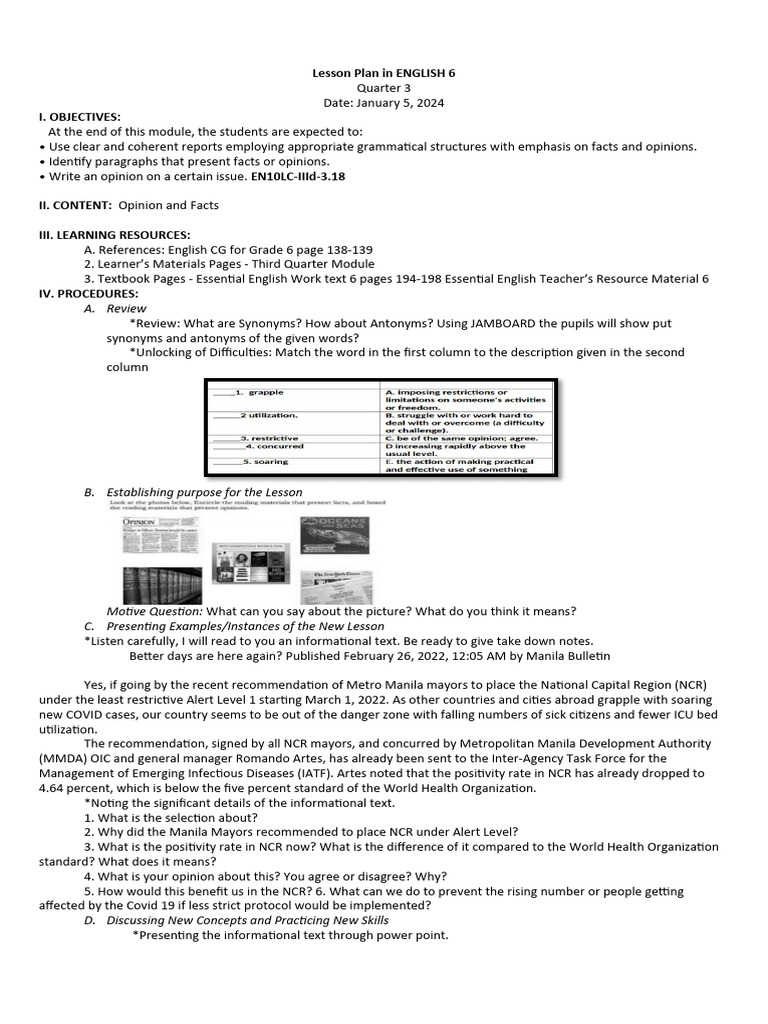 Grade 6 English Lesson Plan Overview | PDF | Communication | English ...