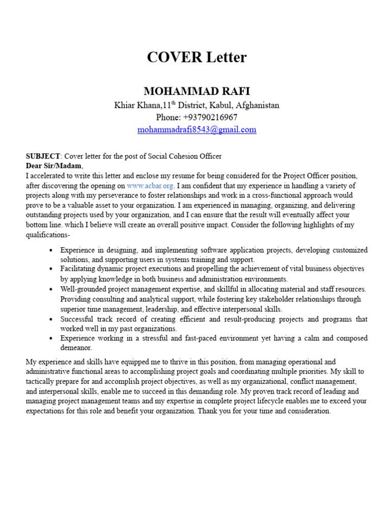 Cover Letter for Project Officer Role | PDF | Project Management ...