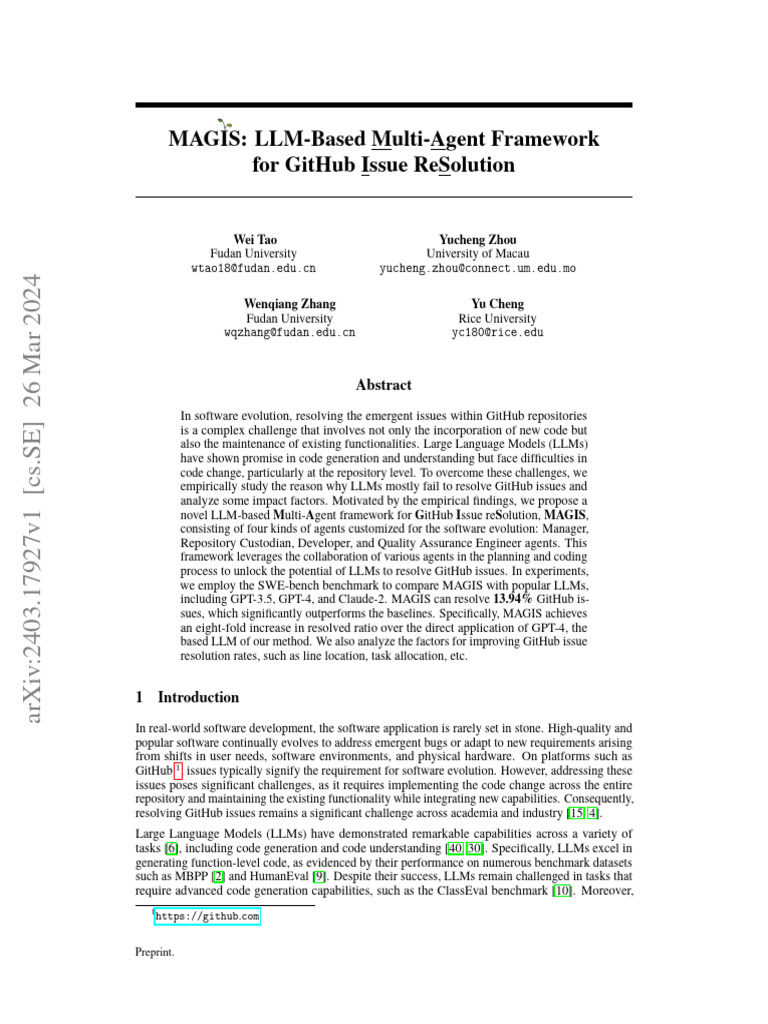 MAGIS: Multi-Agent Framework for GitHub Issues | PDF | Computing