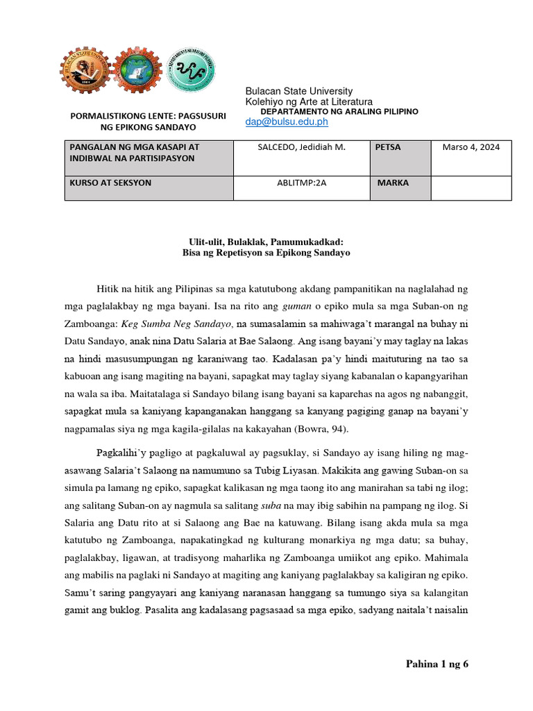 Pagsusuri NG Epikong Sandayo - Sid | PDF