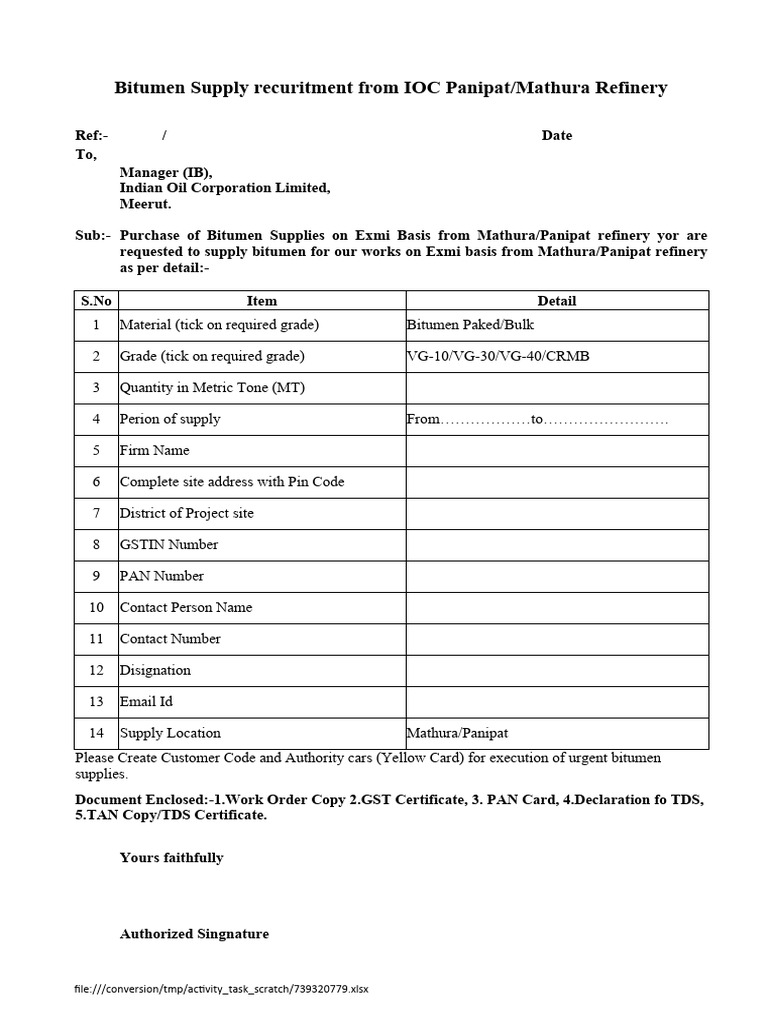 Bitumen Supply Letter | PDF | Energy Industry | Oils