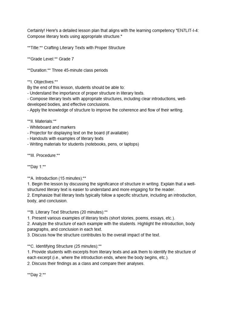 Literary Text Structure Lesson Plan | PDF | Lesson Plan | Writing