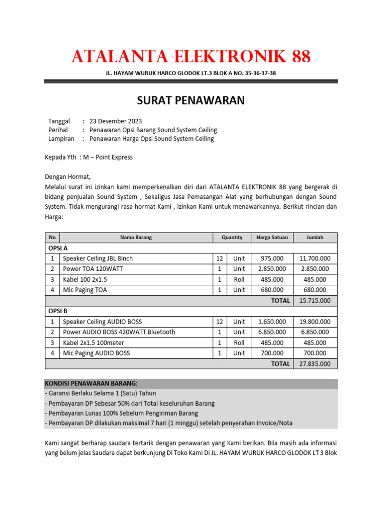 Atlanta elektronik 88 surat penawaran paket sound system ceiling pdf
