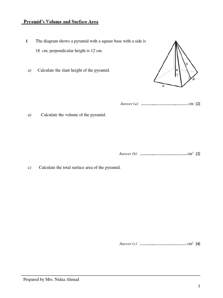 Pyramid Volume and Surface Area Calculations | PDF | Geometry ...