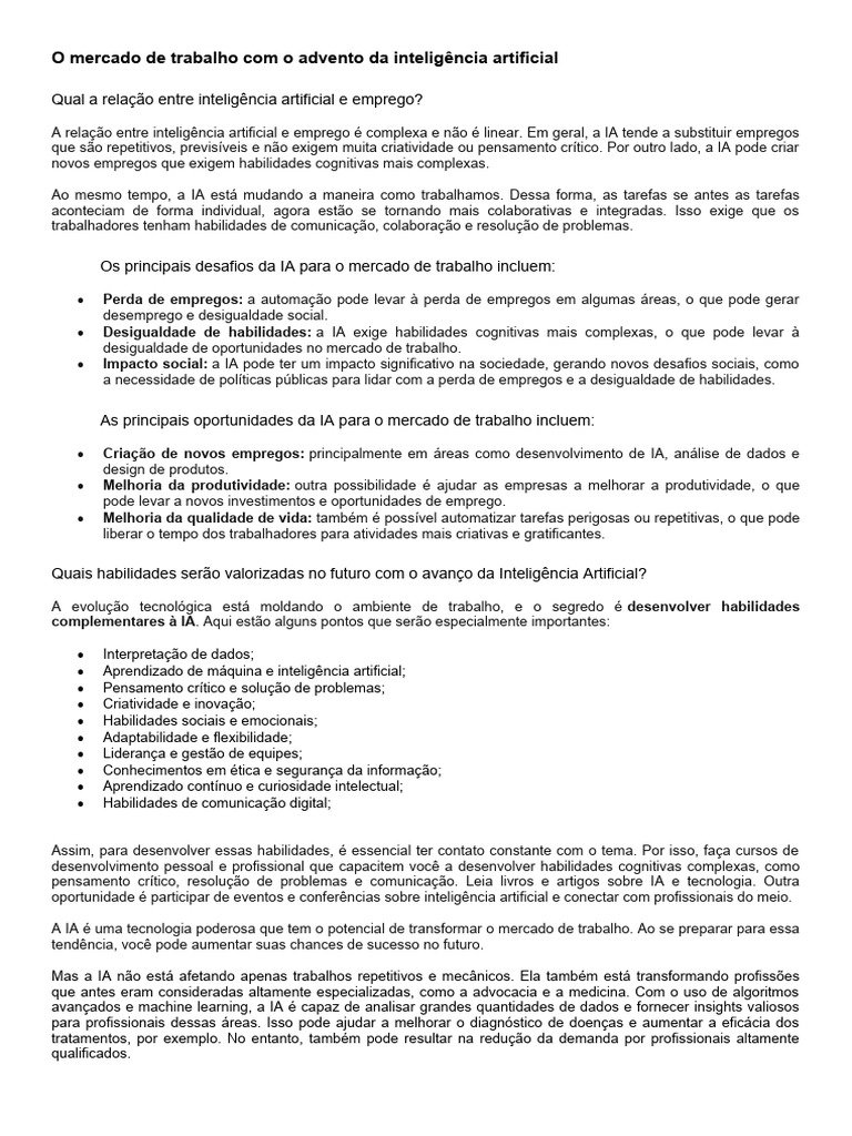 Impactos da IA no Mercado de Trabalho | PDF | Inteligência artificial ...