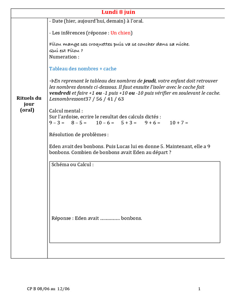 Activités CP B : Semaine du 8 au 12 juin | PDF
