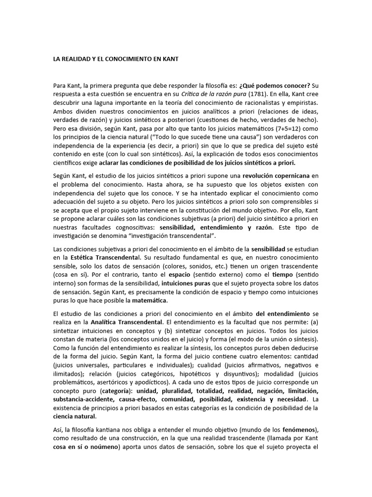 La Realidad y El Conocimiento en Kant | PDF | Immanuel Kant | A priori ...
