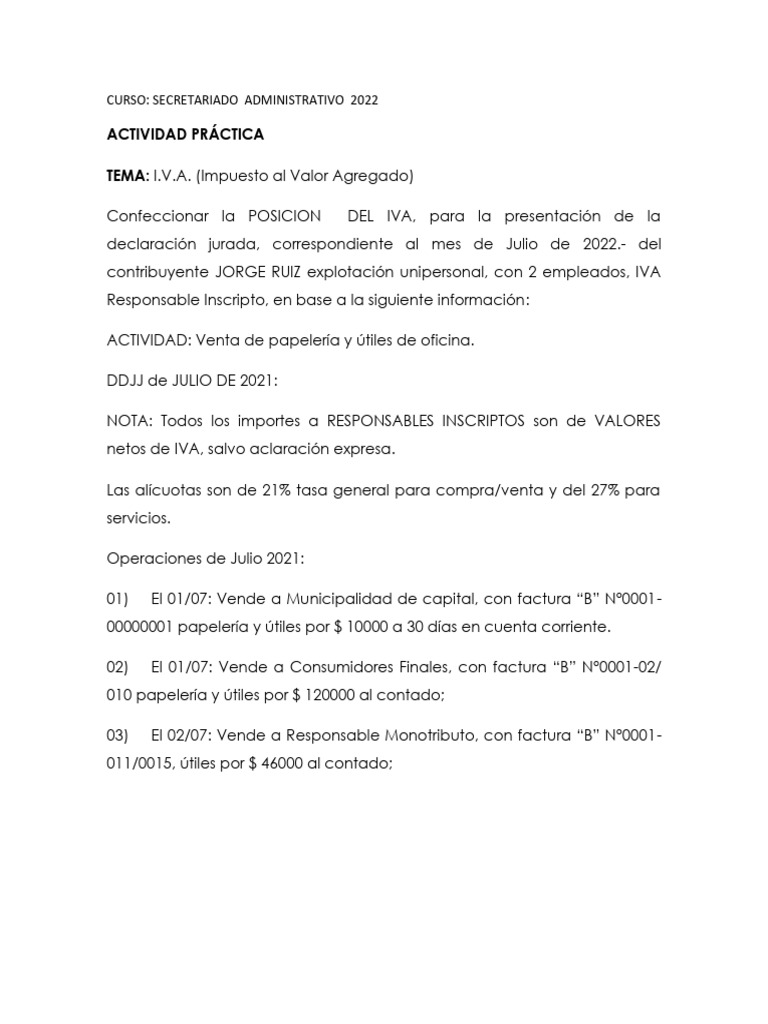 Posición de IVA Julio 2022 | PDF | Impuesto al valor agregado | Factura