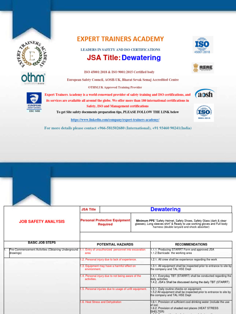 Expert-Jsa Dewatering Work | PDF | Personal Protective Equipment ...