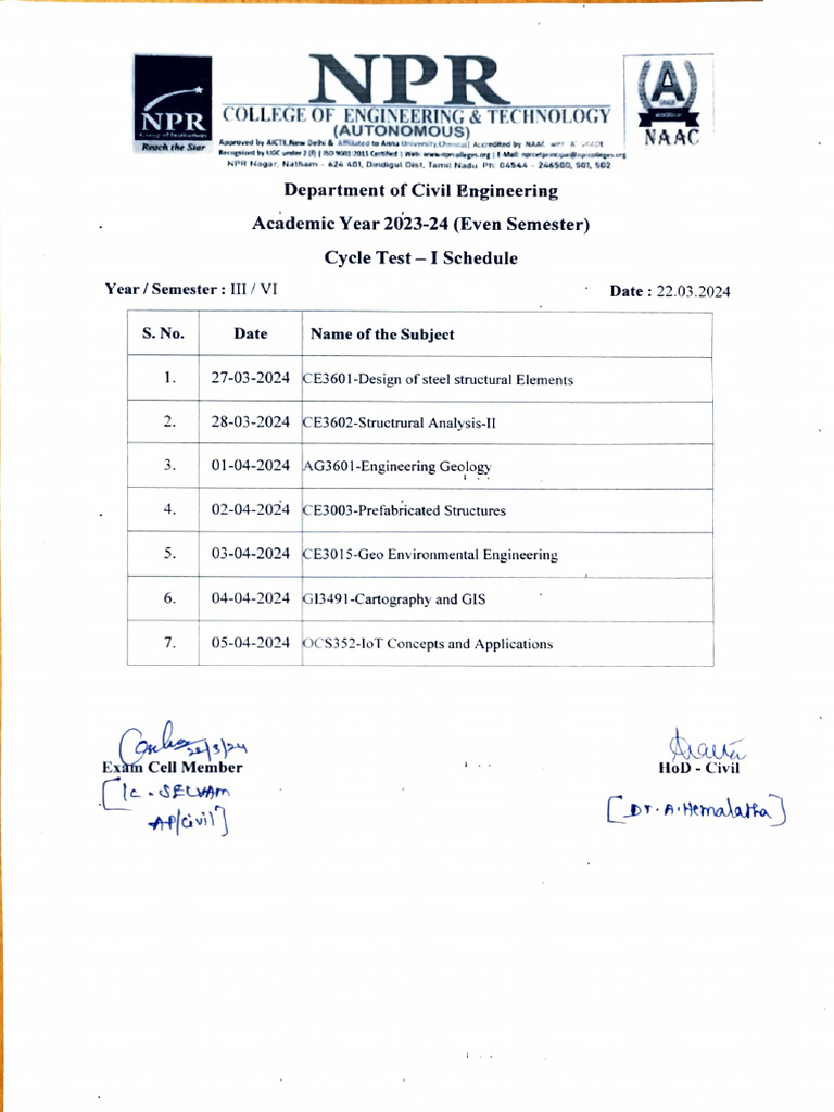 Civil Engineering Cycle Test Schedule 2024 | PDF | Engineering | Civil ...