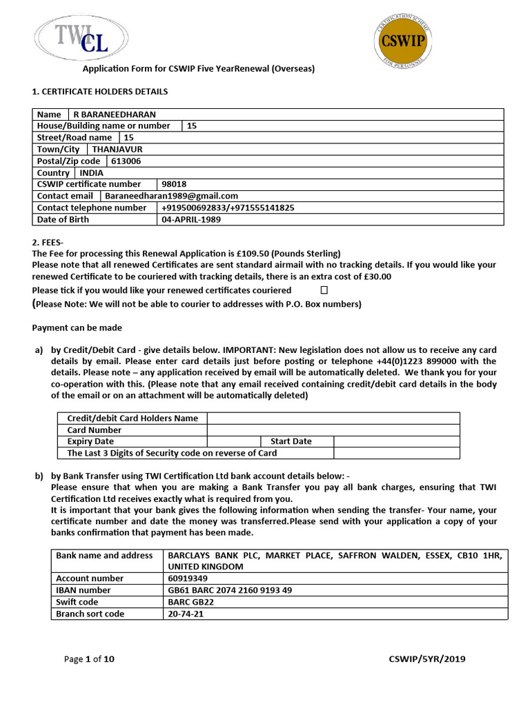 CSWIP Certificate Renewal Application Form | PDF | Nondestructive ...