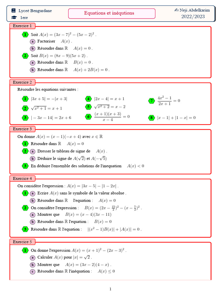 Exercices corrigés : Équations et inéquations | PDF | Équations ...