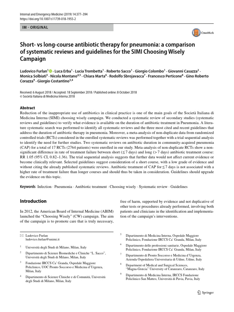 Short vs long course antibiotic therapy for pneumonia a comparison of