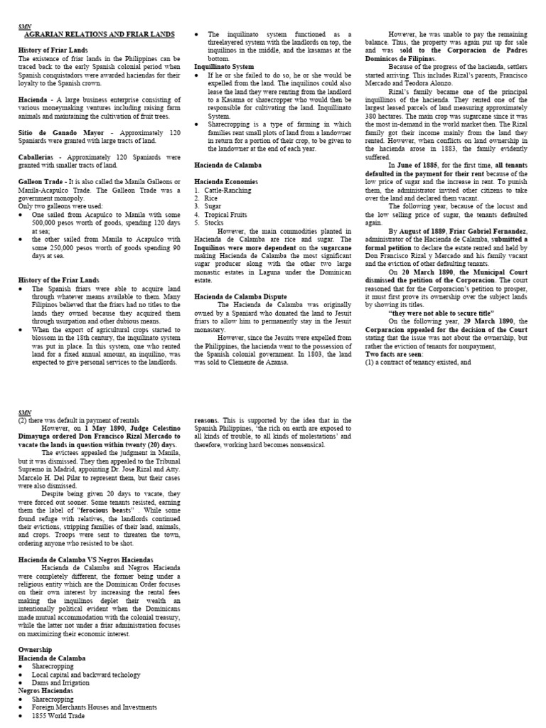 Agrarian Relations And Friar Lands Pdf Leasehold Estate