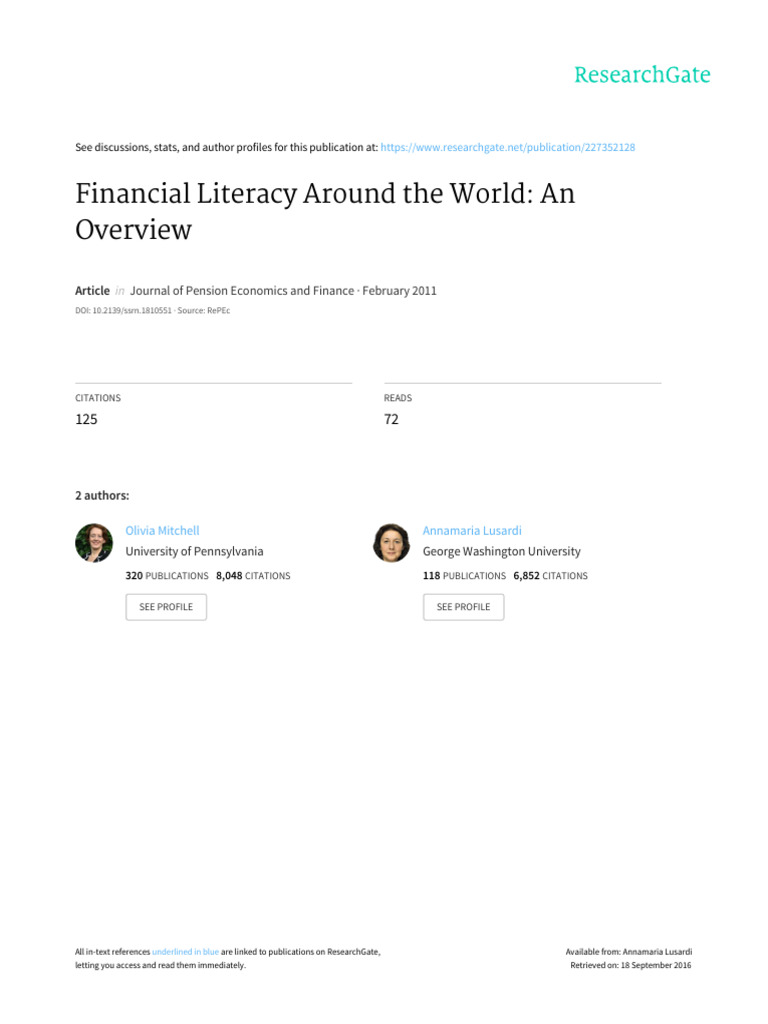 Financial Literacy Around The World A Lusardi Pdf Financial