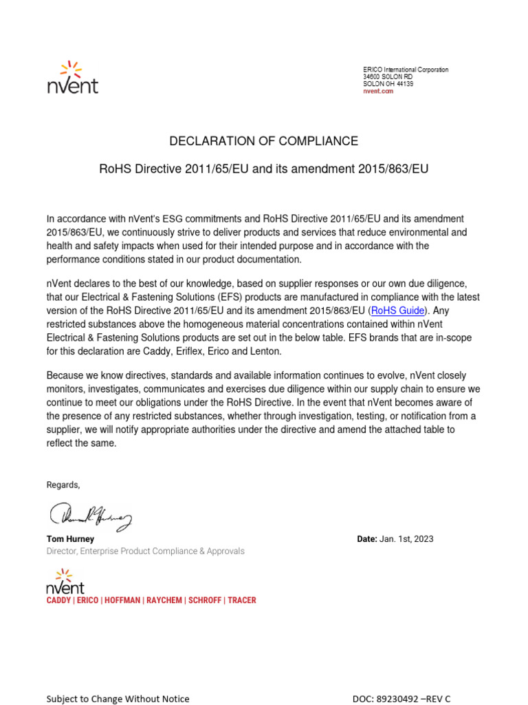 Nvent RoHS Declaration EFS 89230492 | PDF | Environmental Protection