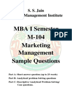 MBA I Semester M-104 Marketing Management Sample Questions: S. S. Jain Subodh Management Institute