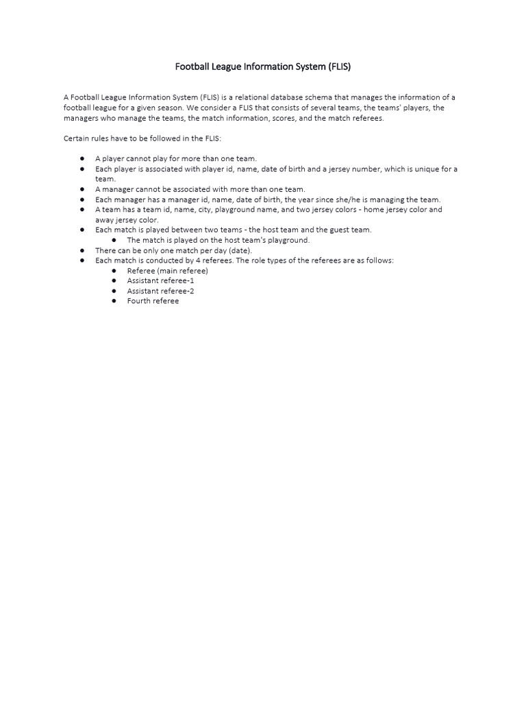 Football League Information System Schema | PDF | Relational Model | Data