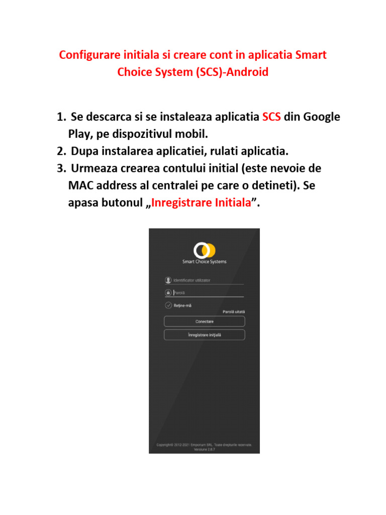 Configurare Initiala Si Creare Cont in Aplicatia Smart Choice System | PDF