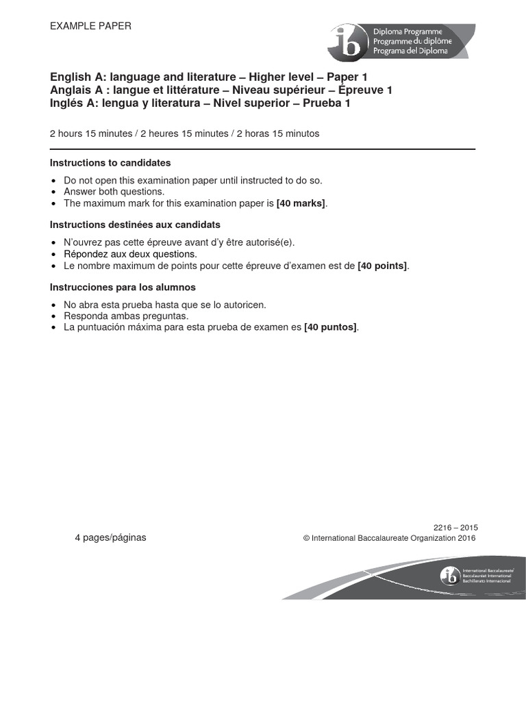 Ibdp english a paper 1 sample exam for use from 2021 download