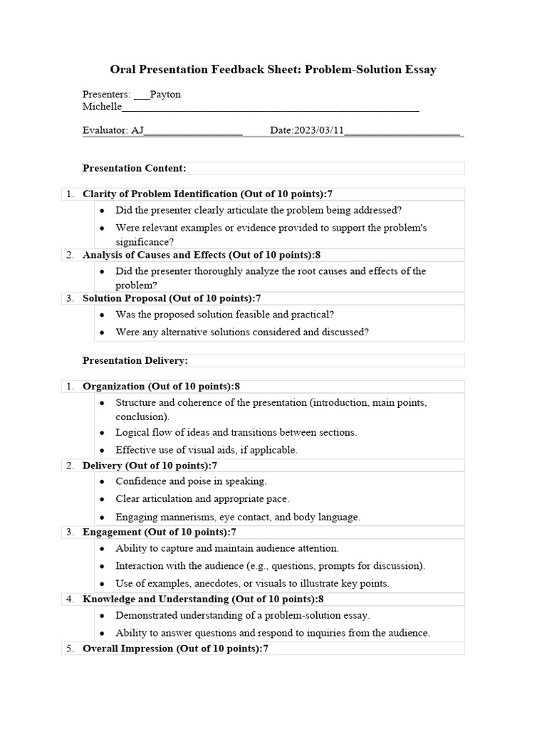 Problem-Solution Essay Presentation Feedback | PDF