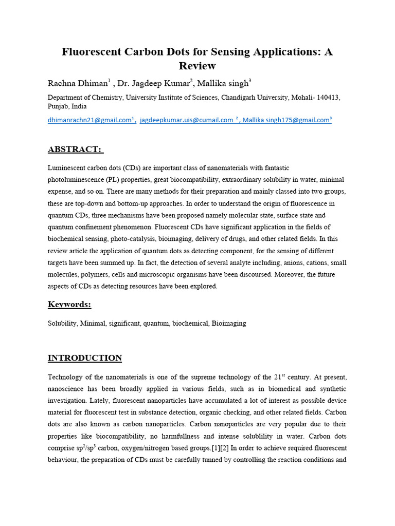 Review Article On Fluorescent Carbon Dots 1 | PDF | Carbon Nanotube ...