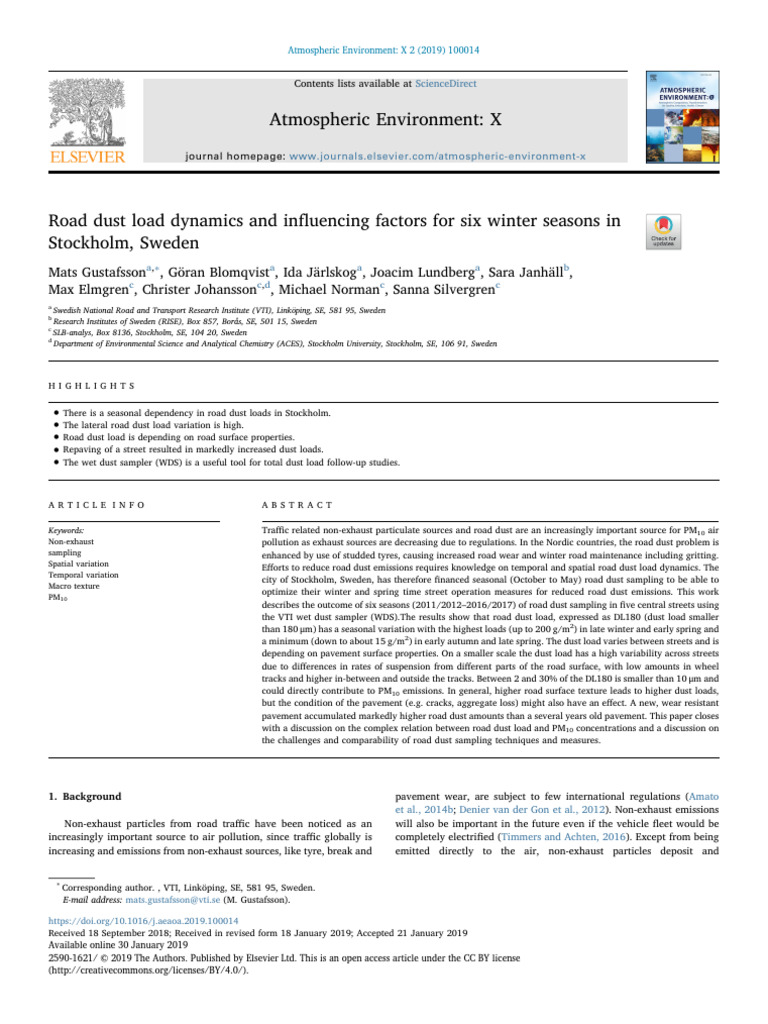 Gustafsson et al 2019 road dust load dynamics and influencing