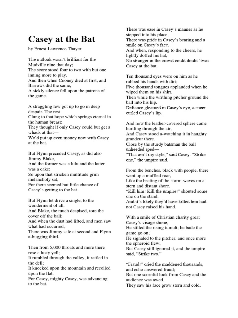 Casey at The Bat | PDF for On This Dirt Baseball Poem Free Printable