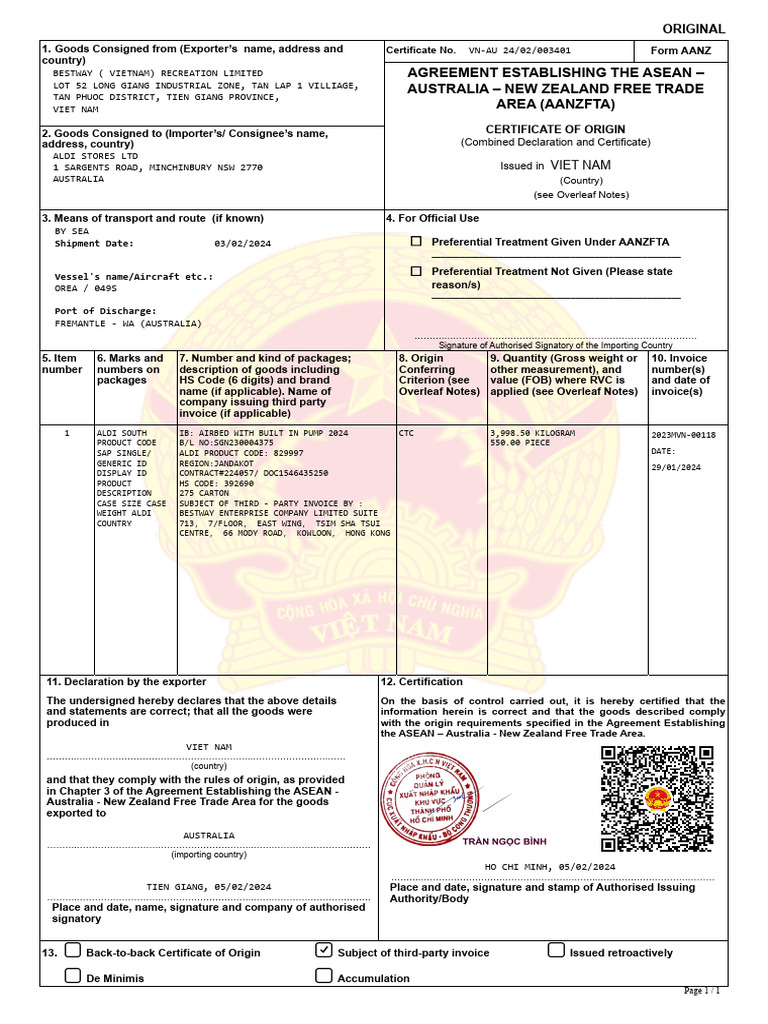 Certificate Form AANZ, Certificate No - VN-AU 24-02-003401