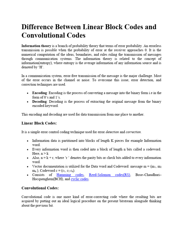 Linear Block vs Convolutional Codes | PDF | Code | Telecommunications ...