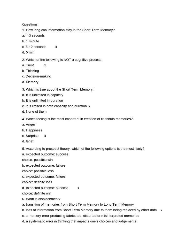 Cognitive Processes and Memory Quiz | PDF | Memory | Schema (Psychology)