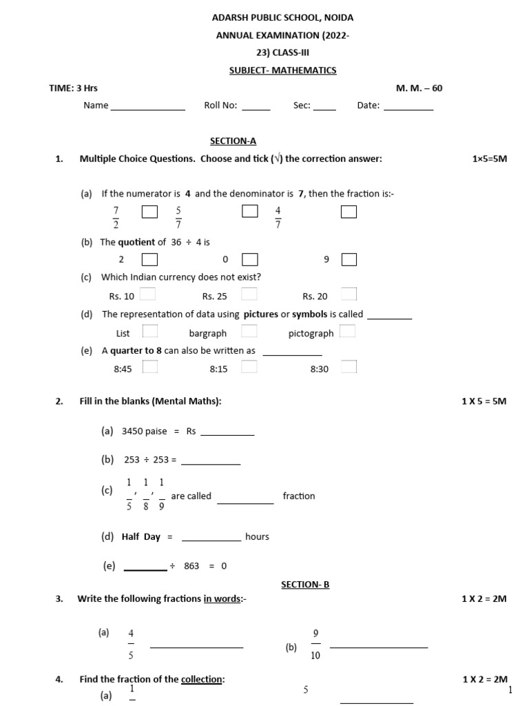 Class 3 Mathematics Exam Paper 2022-23 | PDF | Arithmetic | Mathematics