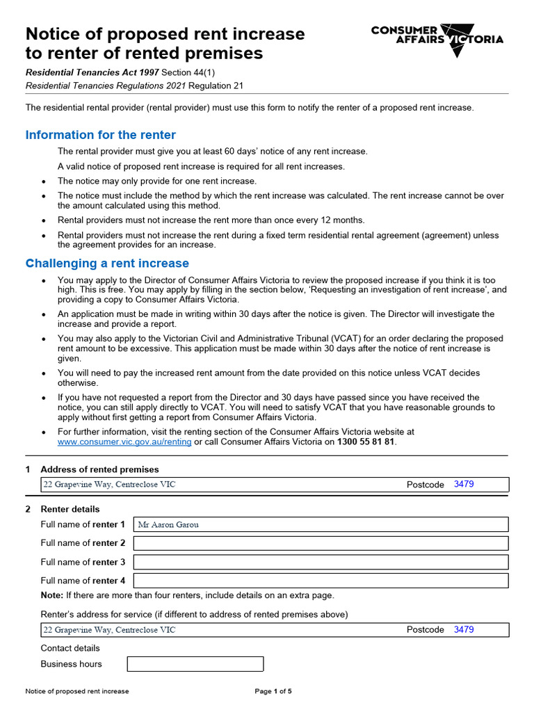 Notice of Proposed Rent Increase VIC | PDF | Renting | Mail