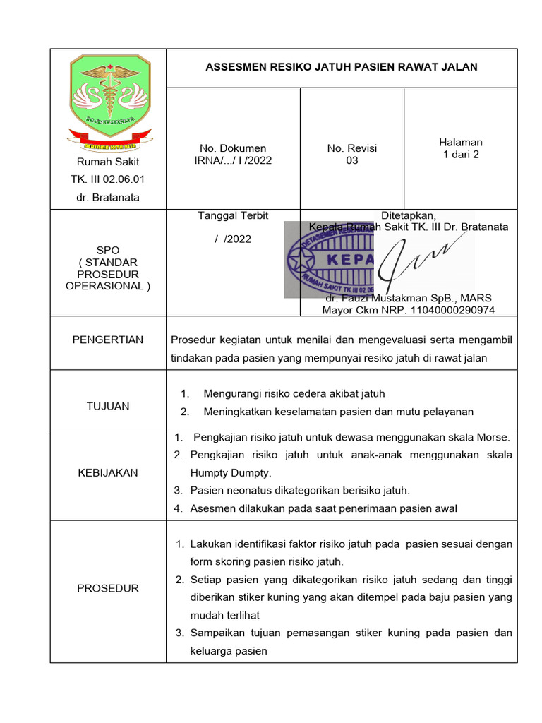 Spo Pasien Resiko Jatuh Untuk Rajal | PDF